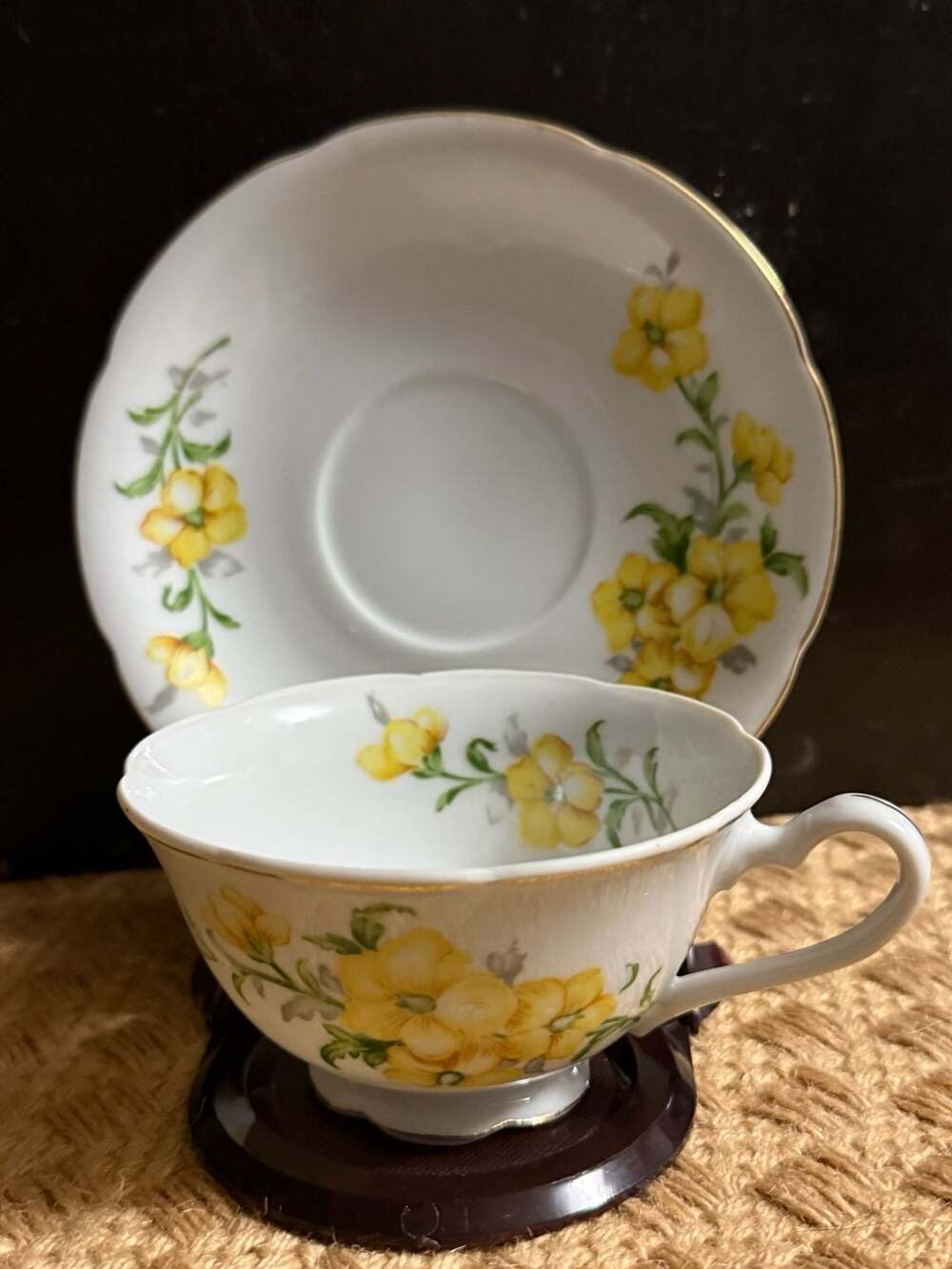 VTG Occupied Japan Porcelain Teacup and Saucer w/Yellow Pattern and Gold Trim